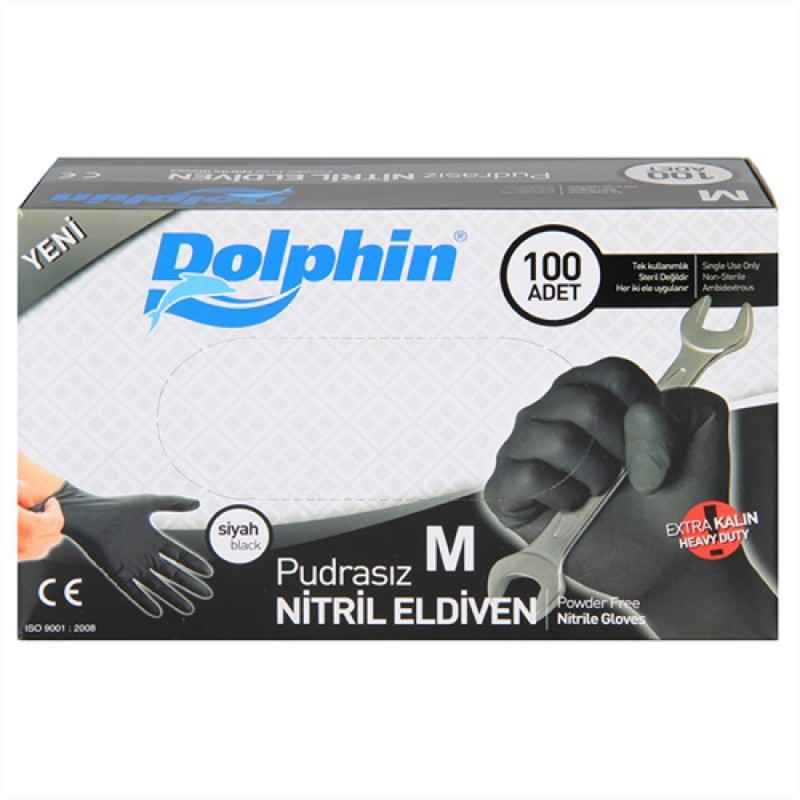 Dolphin Nitril Eldiven Pudrasız Siyah Medium Extra Kalın