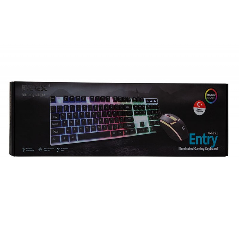 Everest KM-191 ENTRY Siyah USB Gökkuşağı Aydınlatmalı Q Gaming Oyuncu Klavye + Mouse Set
