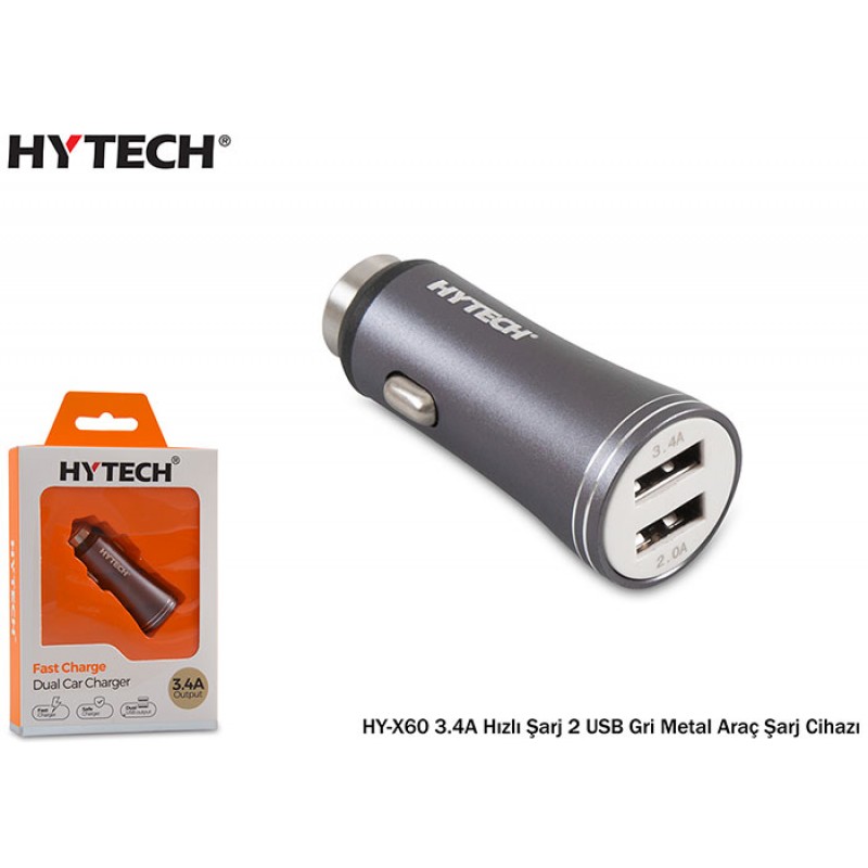 Hytech HY-X60 3.4A Hızlı Şarj 2 USB Gri Metal Kablo