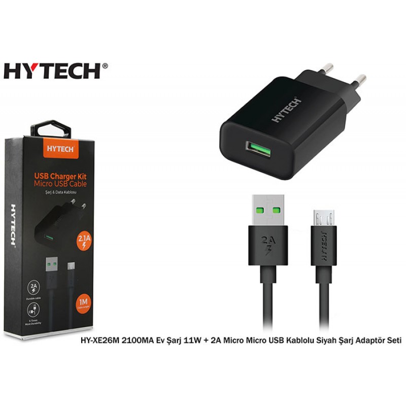 Hytech HY-XE26M Siyah 2100MA Ev Şarj 11W + 2A Micro Micro USB Kablolu Beyaz Şarj Adaptör Seti