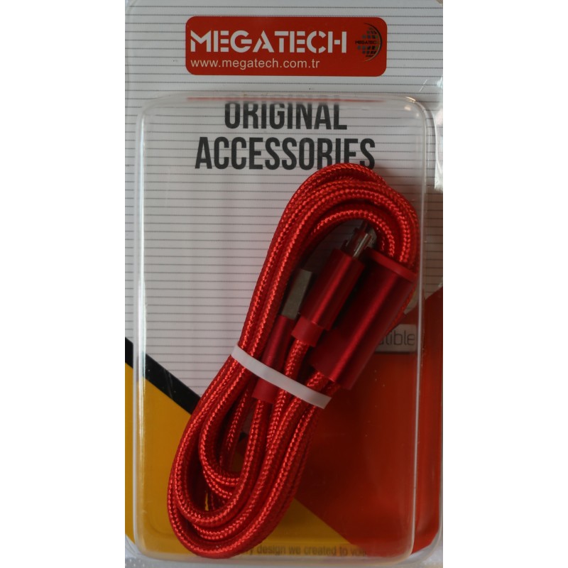 Megatech 3in1 Iphone-micro-typ-c Hasır Örgülü Kırmızı Kablo 1mt