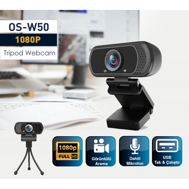 Os-W50 2Mp 1080P Full Hd Mıkrofonlu Webcam Tak Çalıştır Tripod Ayak Dahildir