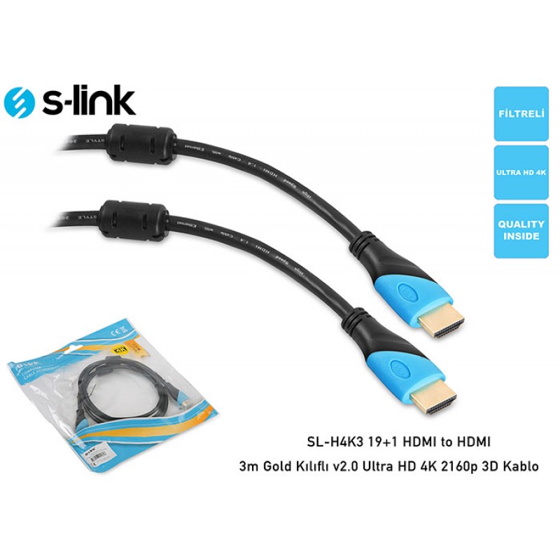 S-link SL-H4K10 19+1 HDMI to HDMI 10m Gold 1080p 1.4 Ver. 3D Kablo